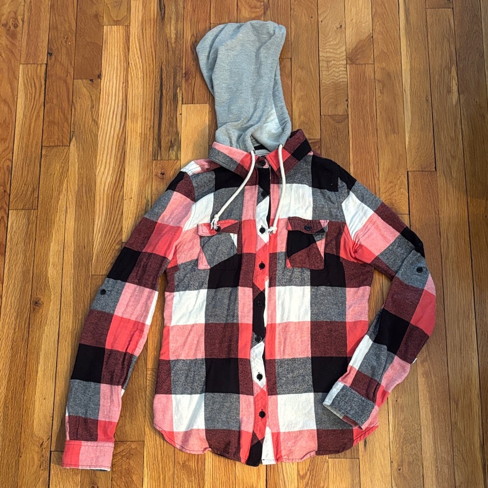 Red and Black Plaid Hooded flannels Shirt (2)